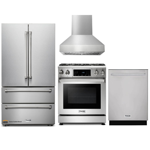 Thor Kitchen 4-Piece Appliance Package - 30" Gas Range with Tilt Panel, French Door Refrigerator, Pro-Style Wall Mount Hood, and Dishwasher in Stainless Steel