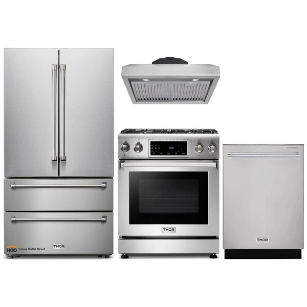 Thor Kitchen 4-Piece Appliance Package - 30" Gas Range with Tilt Panel, French Door Refrigerator, Under Cabinet Hood and Dishwasher in Stainless Steel