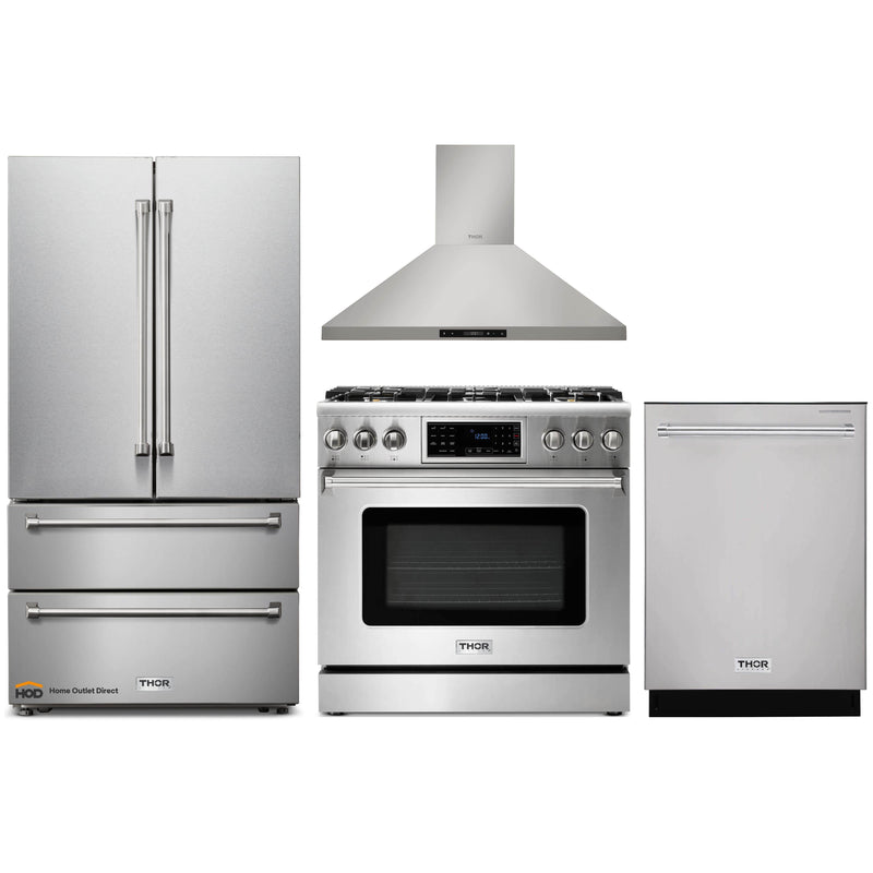 Thor Kitchen 4-Piece Appliance Package - 36" Gas Range with Tilt Panel, French Door Refrigerator, Wall Mount Hood, and Dishwasher in Stainless Steel