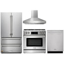 Thor Kitchen 4-Piece Appliance Package - 36" Gas Range with Tilt Panel, French Door Refrigerator, Pro-Style Wall Mount Hood, and Dishwasher in Stainless Steel