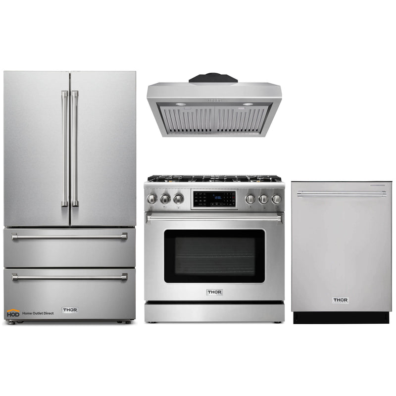 Thor Kitchen 4-Piece Appliance Package - 36" Gas Range with Tilt Panel, French Door Refrigerator, Under Cabinet Hood and Dishwasher in Stainless Steel