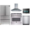 Forno 5-Piece Appliance Package - 36-Inch Dual Fuel Range, Refrigerator, Wall Mount Hood, 24-Inch Microwave Oven, & 3-Rack Dishwasher in Stainless Steel