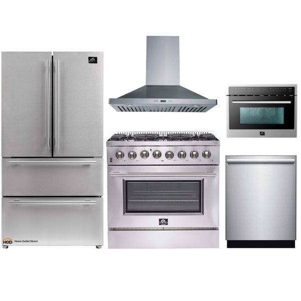 Forno 5-Piece Appliance Package - 36-Inch Dual Fuel Range, Refrigerator, Wall Mount Hood, 24-Inch Microwave Oven, & 3-Rack Dishwasher in Stainless Steel