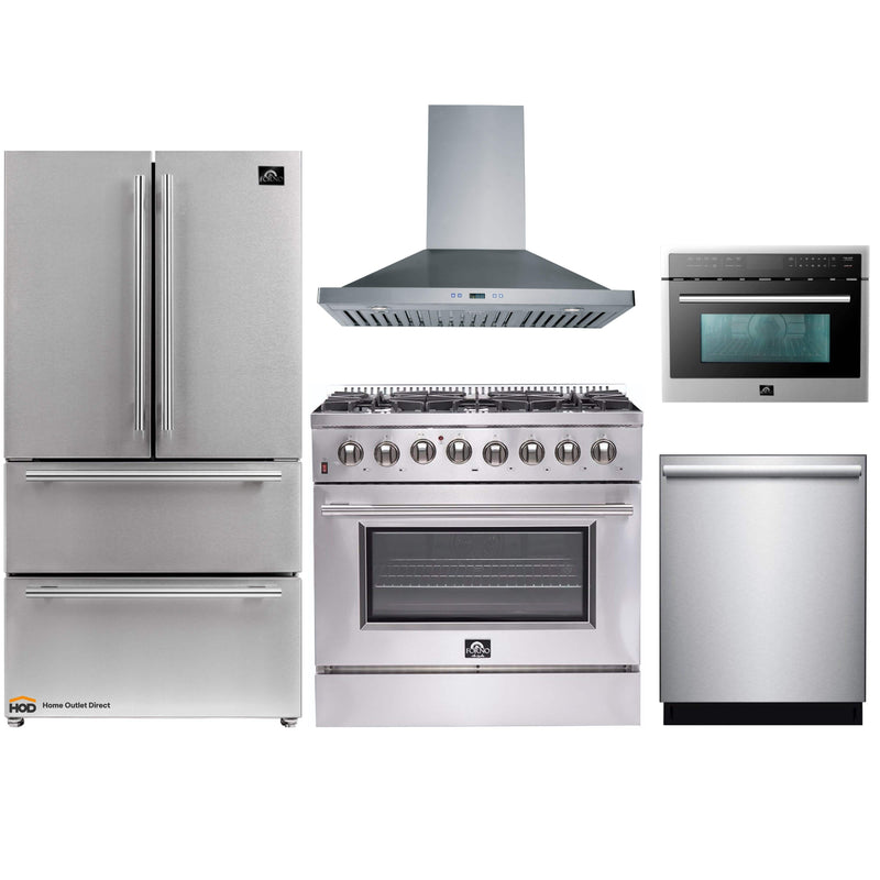Forno 5-Piece Appliance Package - 36" Dual Fuel Range, 36" Refrigerator, Wall Mount Hood, Microwave Oven, & 3-Rack Dishwasher in Stainless Steel
