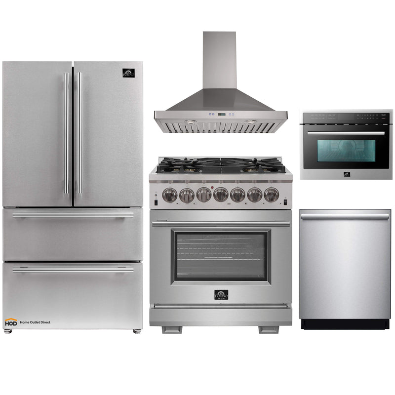 Forno 5-Piece Pro Appliance Package - 30" Dual Fuel Range, 36" Refrigerator, Wall Mount Hood, Microwave Oven, & 3-Rack Dishwasher in Stainless Steel