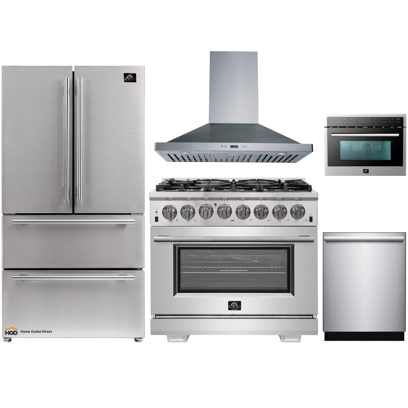 Forno 5-Piece Pro Appliance Package - 36" Dual Fuel Range, 36" Refrigerator, Wall Mount Hood, Microwave Oven, & 3-Rack Dishwasher in Stainless Steel