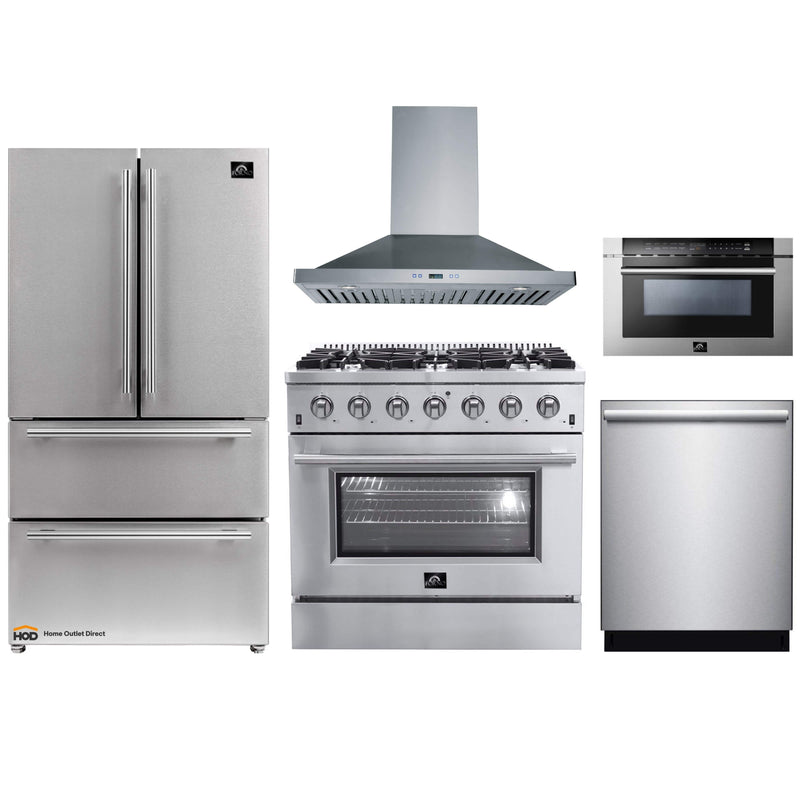 Forno 5-Piece Appliance Package - 36" Gas Range, 36" Refrigerator, Wall Mount Hood, Microwave Drawer, & 3-Rack Dishwasher in Stainless Steel