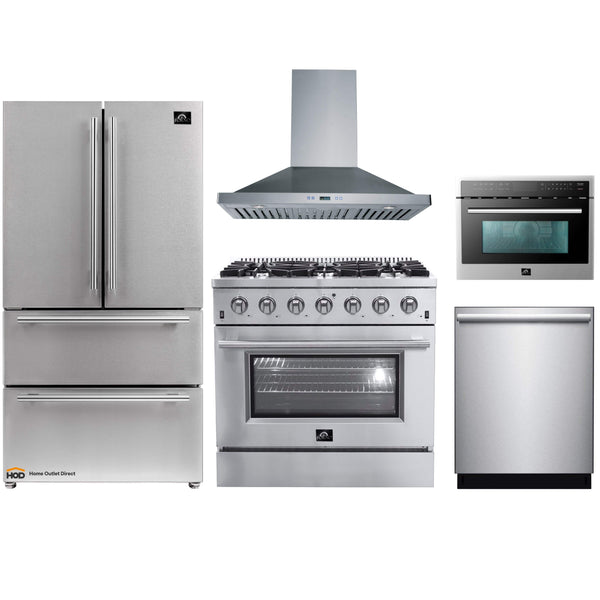 Forno 5-Piece Appliance Package - 36-Inch Gas Range, Refrigerator, Wall Mount Hood, 24-Inch Microwave Oven, & 3-Rack Dishwasher in Stainless Steel