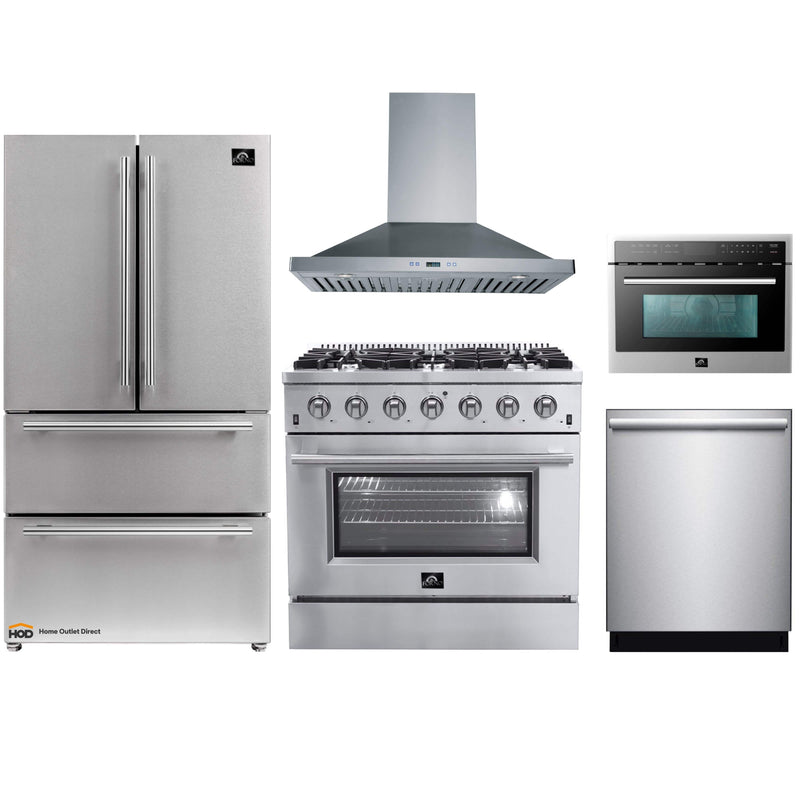 Forno 5-Piece Appliance Package - 36" Gas Range, 36" Refrigerator, Wall Mount Hood, Microwave Oven, & 3-Rack Dishwasher in Stainless Steel