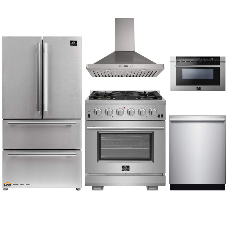 Forno 5-Piece Pro Appliance Package - 30" Gas Range, 36" Refrigerator , Wall Mount Hood, Microwave Drawer, & 3-Rack Dishwasher in Stainless Steel