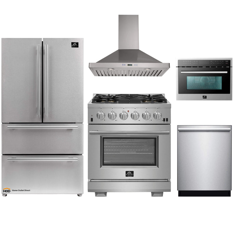 Forno 5-Piece Pro Appliance Package - 30" Gas Range, 36" Refrigerator  Wall Mount Hood, Microwave Oven, & 3-Rack Dishwasher in Stainless Steel
