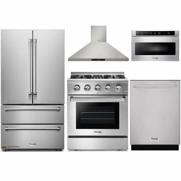 Thor Kitchen 5-Piece Pro Appliance Package - 30" Dual Fuel Range, French Door Refrigerator, Wall Mount Hood, Dishwasher, and Microwave Drawer in Stainless Steel
