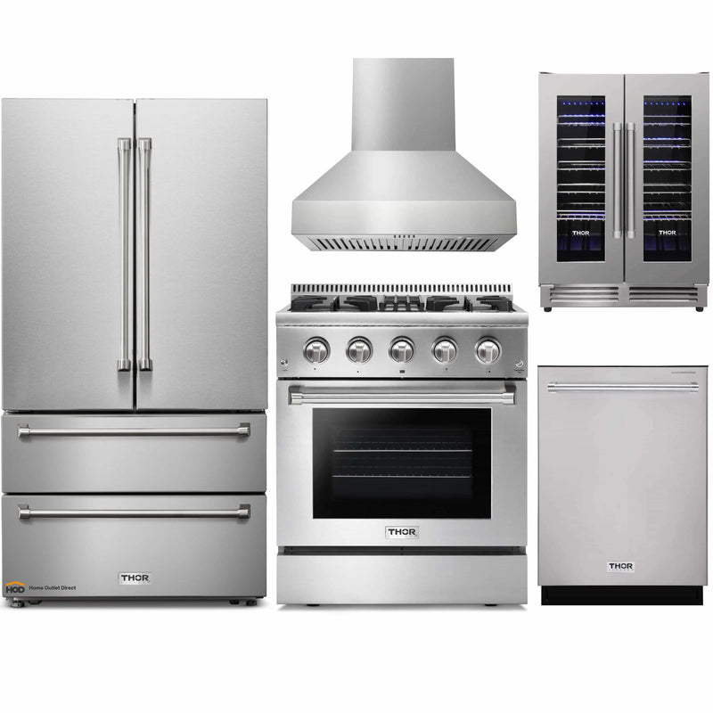 Thor Kitchen 5-Piece Pro Appliance Package - 30" Dual Fuel Range, French Door Refrigerator, Pro-Style Wall Mount Hood, Dishwasher, and Wine Cooler in Stainless Steel