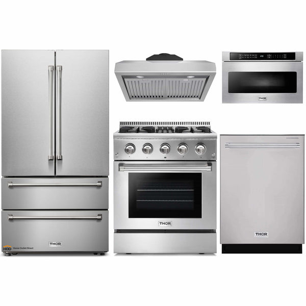 Thor Kitchen 5-Piece Pro Appliance Package - 30" Dual Fuel Range, French Door Refrigerator, Under Cabinet Hood, Dishwasher, and Microwave Drawer in Stainless Steel
