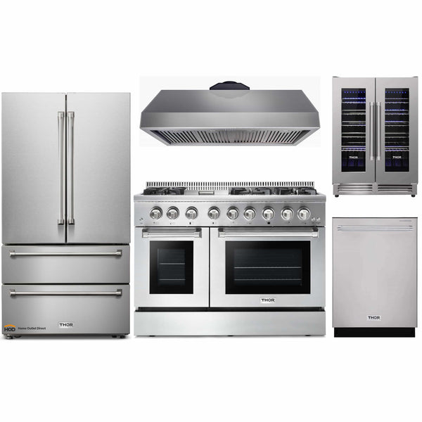 Thor Kitchen 5-Piece Pro Appliance Package - 48" Dual Fuel Range, Under Cabinet 16.5" Hood, French Door Refrigerator, Dishwasher, and Wine Cooler in Stainless Steel