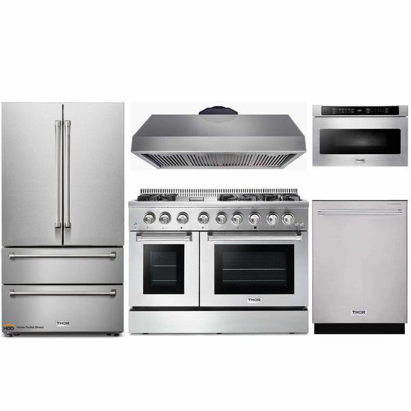 Thor Kitchen 5-Piece Pro Appliance Package - 48" Dual Fuel Range, French Door Refrigerator, Dishwasher, Under Cabinet 16.5" Tall Hood, and Microwave Drawer in Stainless Steel