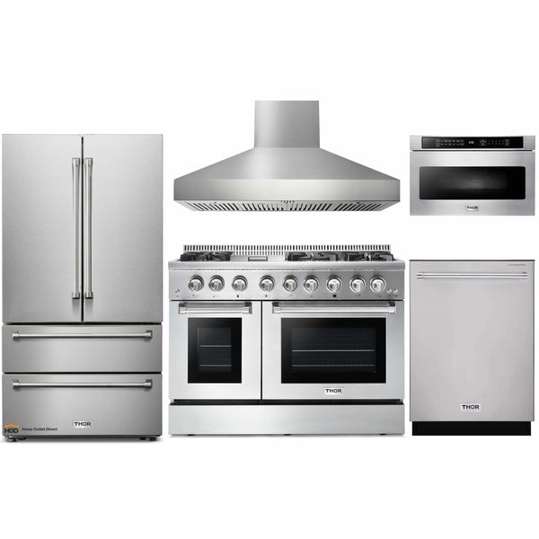 Thor Kitchen 5-Piece Pro Appliance Package - 48" Dual Fuel Range, French Door Refrigerator, Dishwasher, Pro Wall Mount Hood, and Microwave Drawer in Stainless Steel