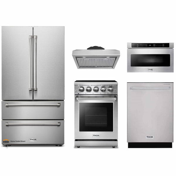 Thor Kitchen 5-Piece Appliance Package - 24" Electric Range, French Door Refrigerator, Under Cabinet Hood, Dishwasher, and Microwave Drawer in Stainless Steel