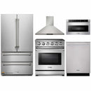 Thor Kitchen 5-Piece Appliance Package - 30" Electric Range, French Door Refrigerator, Wall Mount Hood, Dishwasher, and Microwave Drawer in Stainless Steel