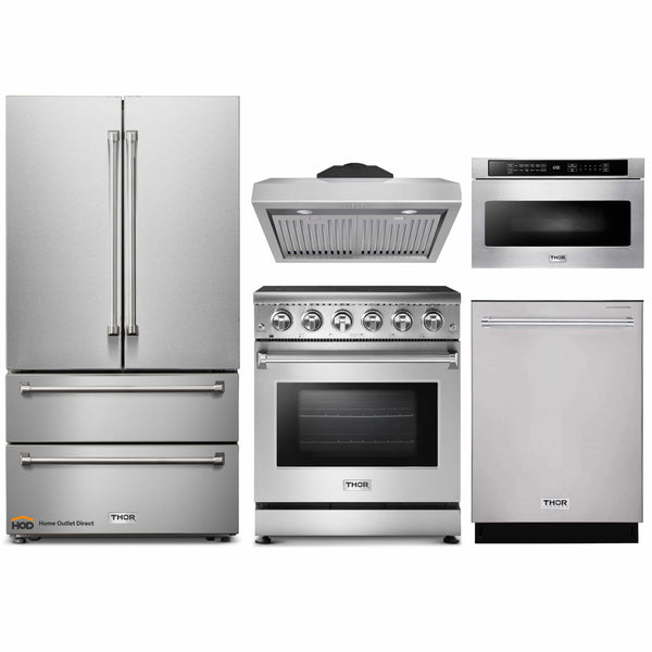 Thor Kitchen 5-Piece Appliance Package - 30" Electric Range, French Door Refrigerator, Under Cabinet Hood, Dishwasher, and Microwave Drawer in Stainless Steel