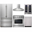 Thor Kitchen 5-Piece Appliance Package - 36" Electric Range, French Door Refrigerator, Pro-Style Wall Mount Hood, Dishwasher, & Wine Cooler in Stainless Steel