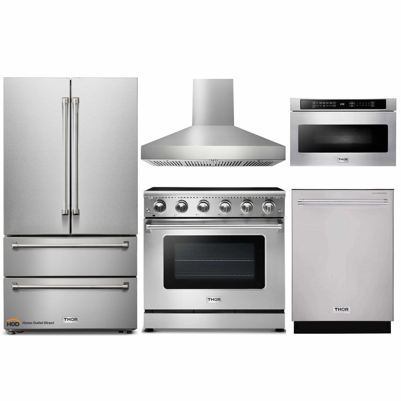 Thor Kitchen 5-Piece Appliance Package - 36" Electric Range, French Door Refrigerator, Pro-Style Wall Mount Hood, Dishwasher, and Microwave Drawer in Stainless Steel