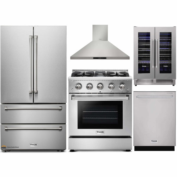 Thor Kitchen 5-Piece Pro Appliance Package - 30" Gas Range, French Door Refrigerator, Wall Mount Hood, Dishwasher, and Wine Cooler in Stainless Steel