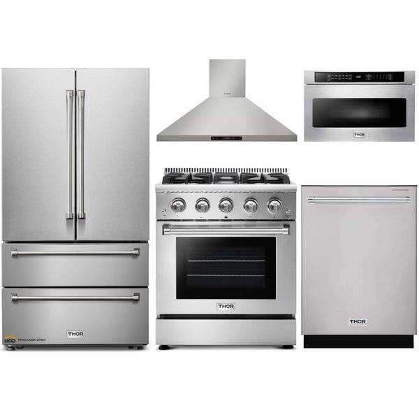 Thor Kitchen 5-Piece Pro Appliance Package - 30" Gas Range, French Door Refrigerator, Wall Mount Hood, Dishwasher, and Microwave Drawer in Stainless Steel