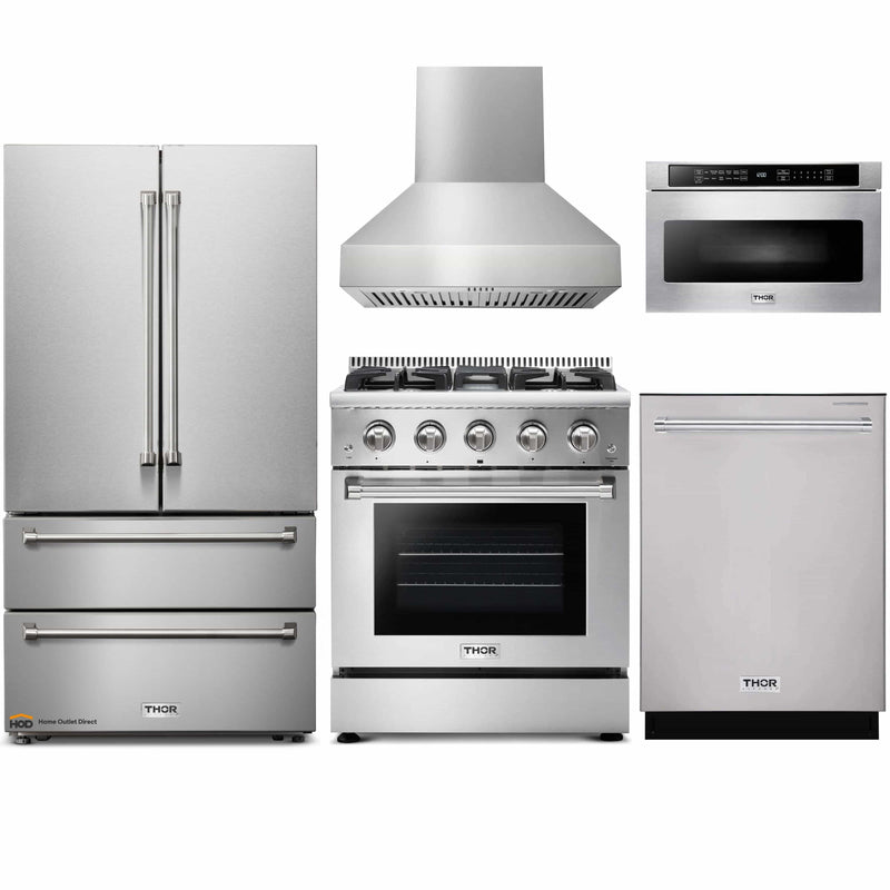 Thor Kitchen 5-Piece Pro Appliance Package - 30" Gas Range, French Door Refrigerator, Pro-Style Wall Mount Hood, Dishwasher, and Microwave Drawer in Stainless Steel