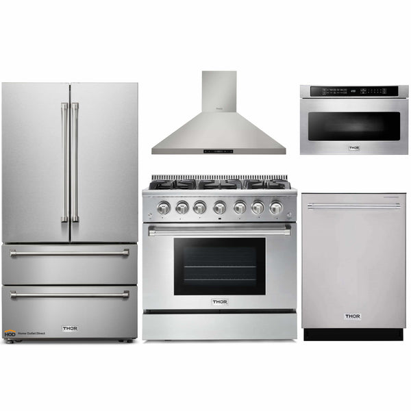Thor Kitchen 5-Piece Pro Appliance Package - 36" Gas Range, French Door Refrigerator, Wall Mount Hood, Dishwasher, and Microwave Drawer in Stainless Steel