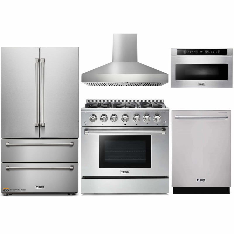 Thor Kitchen 5-Piece Pro Appliance Package - 36" Gas Range, French Door Refrigerator, Pro-Style Wall Mount Hood, Dishwasher, and Microwave Drawer in Stainless Steel