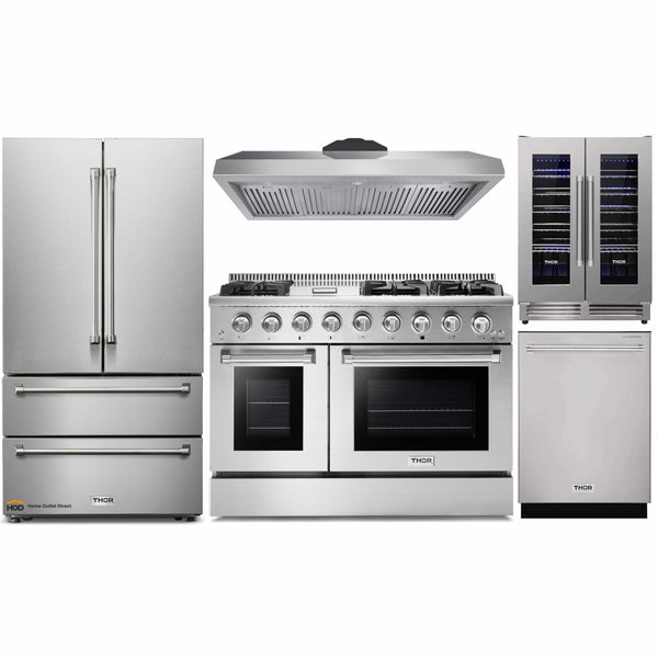 Thor Kitchen 5-Piece Pro Appliance Package - 48" Gas Range, French Door Refrigerator, Dishwasher, Under Cabinet 11" Tall Hood & Wine Cooler in Stainless Steel