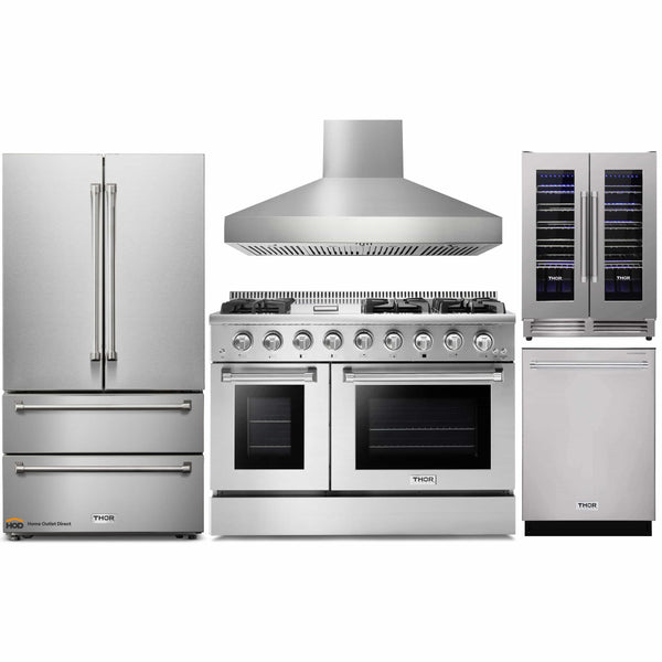 Thor Kitchen 5-Piece Pro Appliance Package - 48" Gas Range, Pro Wall Mount Hood, French Door Refrigerator, Dishwasher, and Wine Cooler in Stainless Steel