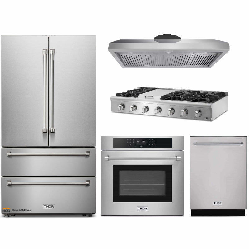 Thor Kitchen 5-Piece Pro Appliance Package - 48" Rangetop, Wall Oven, Under Cabinet 11" Tall Hood, Dishwasher & Refrigerator in Stainless Steel