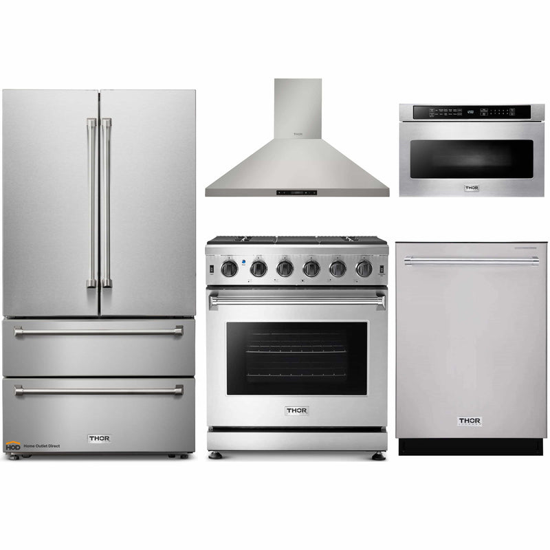 Thor Kitchen 5-Piece Appliance Package - 30" Gas Range, French Door Refrigerator, Wall Mount Hood, Dishwasher, and Microwave Drawer in Stainless Steel