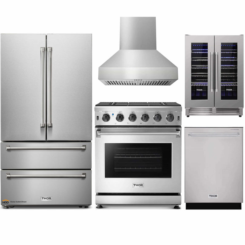 Thor Kitchen 5-Piece Appliance Package - 30" Gas Range, French Door Refrigerator, Pro-Style Wall Mount Hood, Dishwasher, and Wine Cooler in Stainless Steel