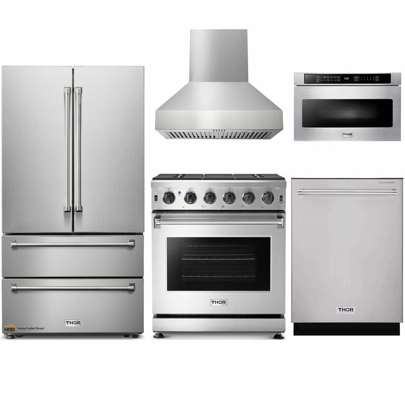 Thor Kitchen 5-Piece Appliance Package - 30" Gas Range, French Door Refrigerator, Pro-Style Wall Mount Hood, Dishwasher, and Microwave Drawer in Stainless Steel