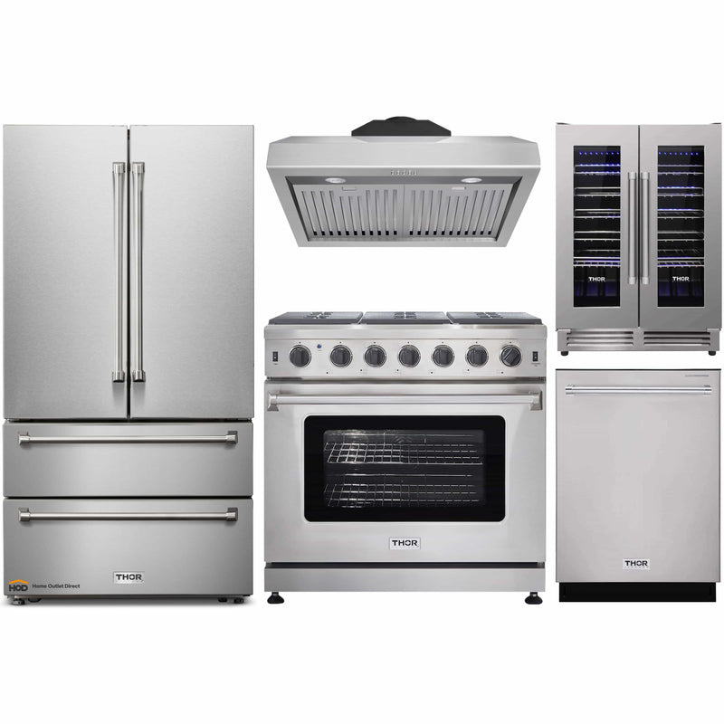 Thor Kitchen 5-Piece Appliance Package - 36" Gas Range, French Door Refrigerator, Under Cabinet Hood, Dishwasher, and Wine Cooler in Stainless Steel