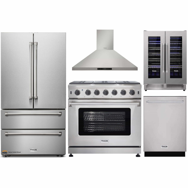 Thor Kitchen 5-Piece Appliance Package - 36" Gas Range, French Door Refrigerator, Wall Mount Hood, Dishwasher, and Wine Cooler in Stainless Steel