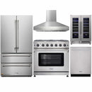 Thor Kitchen 5-Piece Appliance Package - 36" Gas Range, French Door Refrigerator, Wall Mount Hood, Dishwasher, and Wine Cooler in Stainless Steel
