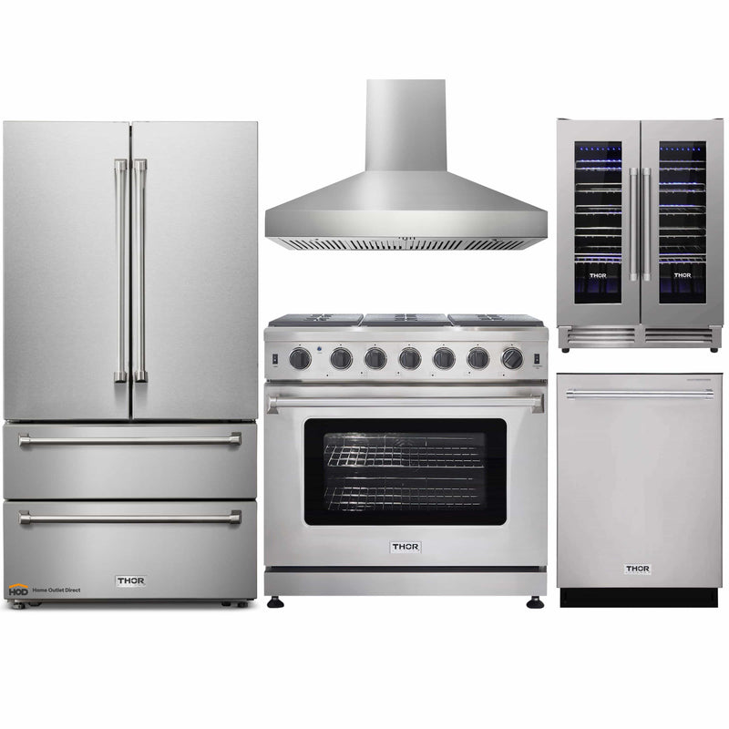 Thor Kitchen 5-Piece Appliance Package - 36" Gas Range, French Door Refrigerator, Pro-Style Wall Mount Hood, Dishwasher, and Wine Cooler in Stainless Steel