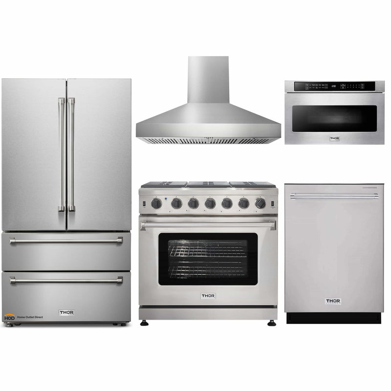 Thor Kitchen 5-Piece Appliance Package - 36" Gas Range, French Door Refrigerator, Pro-Style Wall Mount Hood, Dishwasher, and Microwave Drawer in Stainless Steel