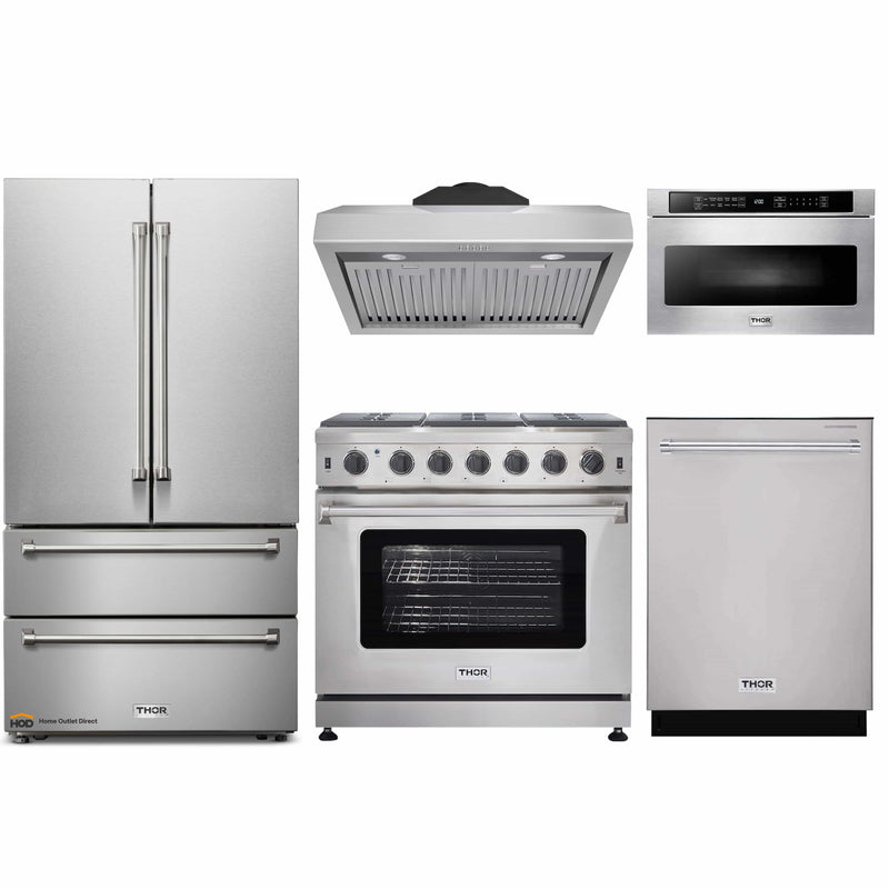 Thor Kitchen 5-Piece Appliance Package - 36" Gas Range, French Door Refrigerator, Under Cabinet Hood, Dishwasher, and Microwave Drawer in Stainless Steel