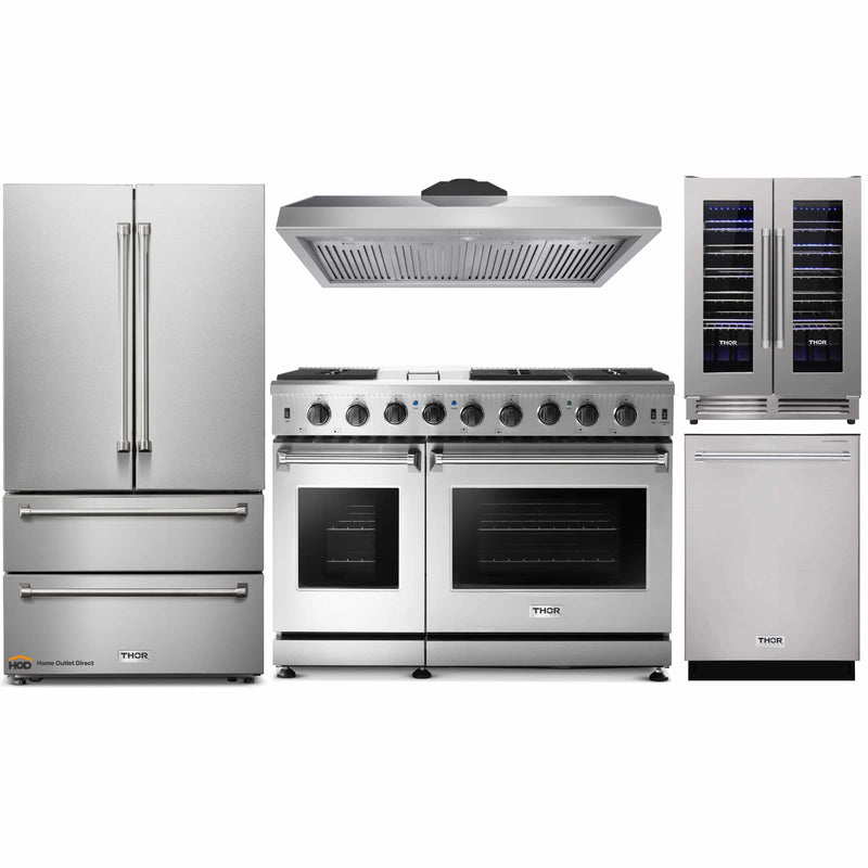 Thor Kitchen 5-Piece Appliance Package - 48" Gas Range, French Door Refrigerator, Dishwasher, Under Cabinet 11" Hood & Wine Cooler in Stainless Steel