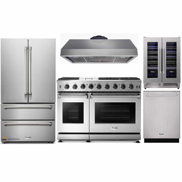 Thor Kitchen 5-Piece Appliance Package - 48" Gas Range, French Door Refrigerator, Dishwasher, Under Cabinet 16.5" Tall Hood & Wine Cooler in Stainless Steel