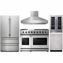 Thor Kitchen 5-Piece Appliance Package - 48" Gas Range, French Door Refrigerator, Pro Wall Mount Hood, Dishwasher, and Wine Cooler in Stainless Steel