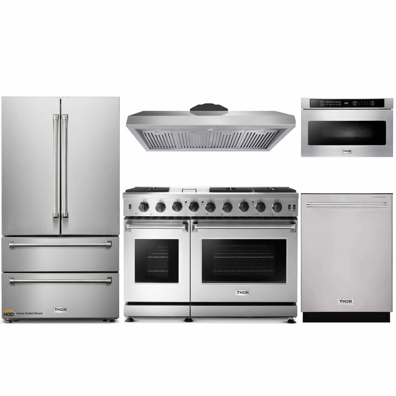 Thor Kitchen 5-Piece Appliance Package - 48" Gas Range, French Door Refrigerator, Under Cabinet 11" Tall Hood, Dishwasher, and Microwave Drawer in Stainless Steel