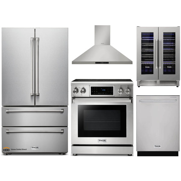 Thor Kitchen 5-Piece Appliance Package - 30" Electric Range with Tilt Panel, French Door Refrigerator, Wall Mount Hood, Dishwasher, & Wine Cooler in Stainless Steel