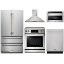 Thor Kitchen 5-Piece Appliance Package - 30" Electric Range with Tilt Panel, French Door Refrigerator, Wall Mount Hood, Dishwasher, and Microwave Drawer in Stainless Steel