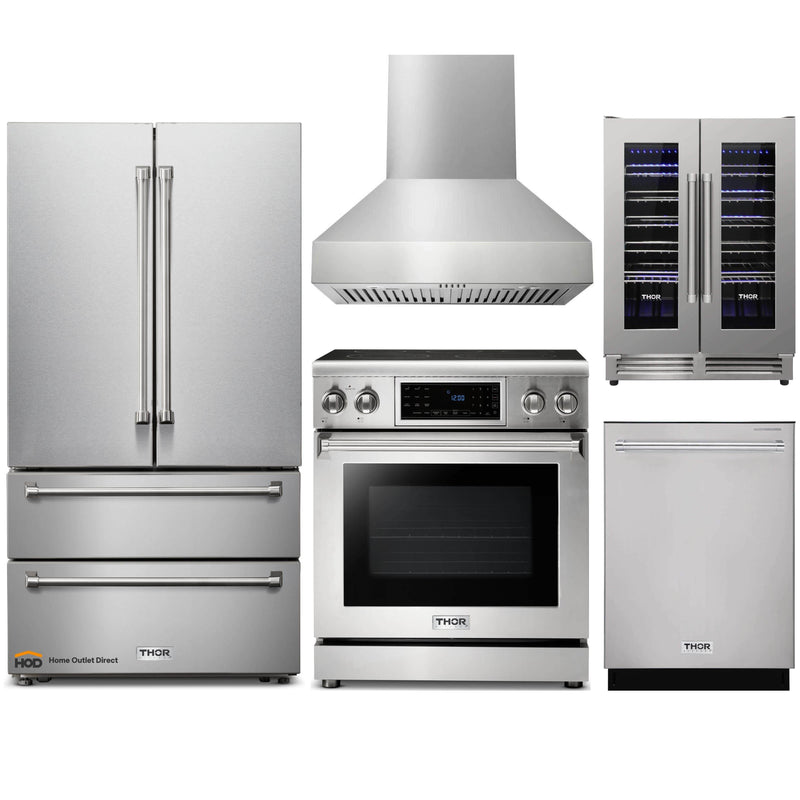 Thor Kitchen 5-Piece Appliance Package - 30" Electric Range with Tilt Panel, French Door Refrigerator, Pro-Style Wall Mount Hood, Dishwasher, & Wine Cooler in Stainless Steel